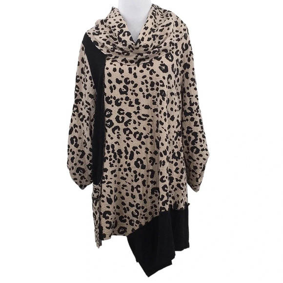 Ali Miles Cream Black Leopard Print Tunic Top Womens Large‎ Cowl Neck - Picture 1 of 10